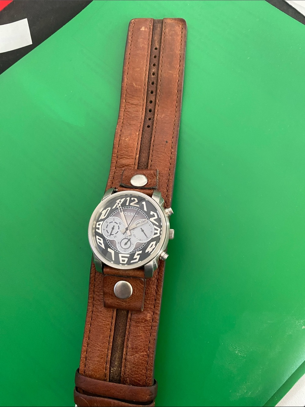 Fossil Brown Leather Wide Cuff Watch with Silver Dial